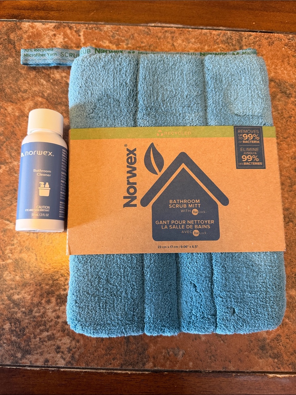 Norwex bathroom scrub mitt with sample bathroom cleaner